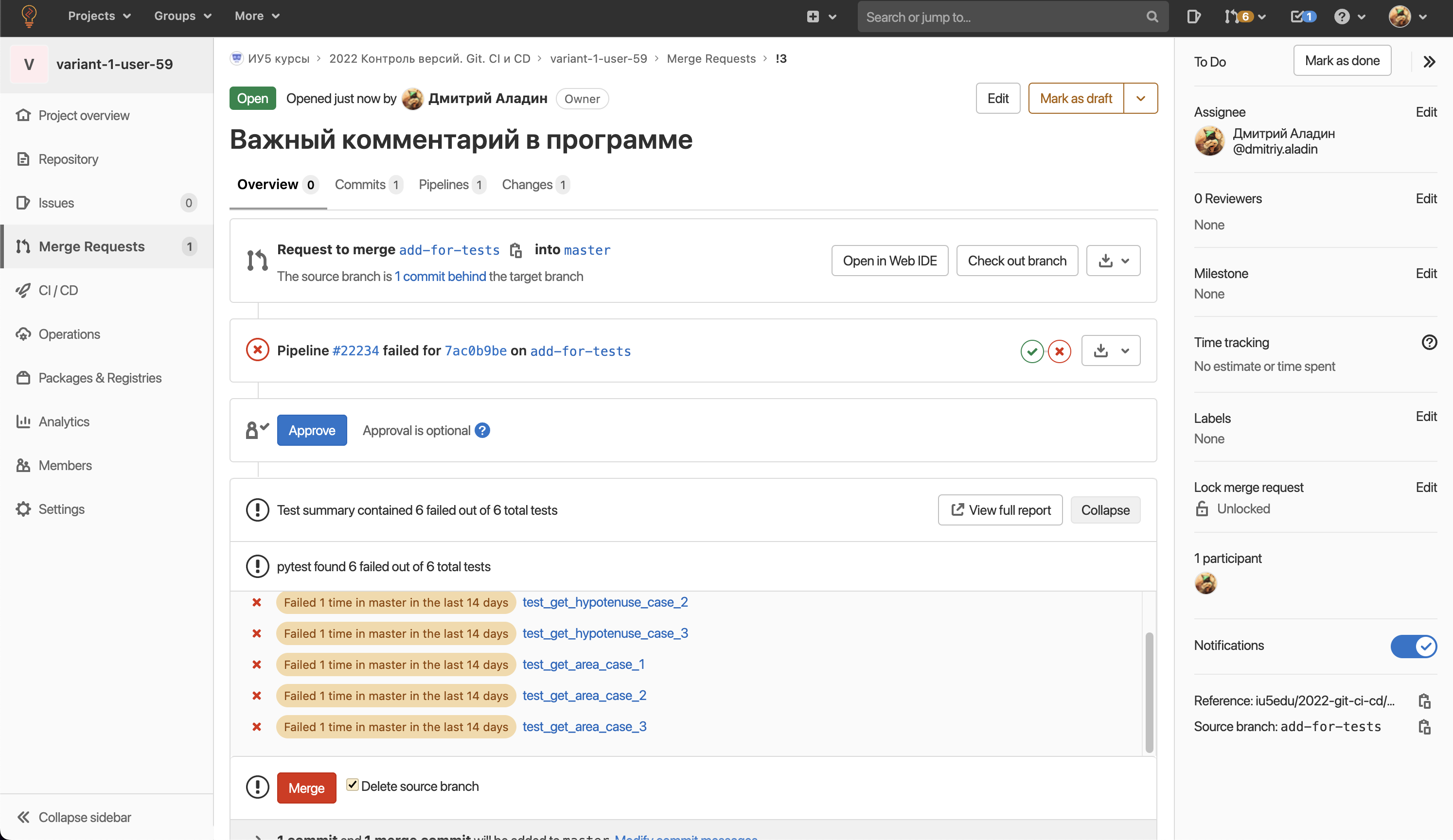 Отчет о тестировании в запросе на слияние